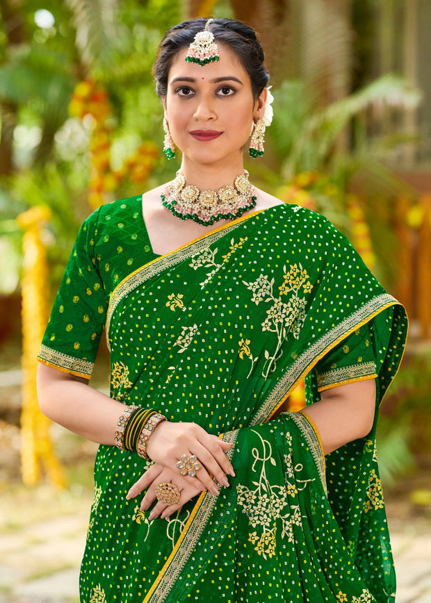 Laxmipati Upavan Bandhani Printed along with Foil Work Georgette Saree in Green Color with Unstitched Blouse