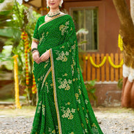 Laxmipati Upavan Bandhani Printed along with Foil Work Georgette Saree in Green Color with Unstitched Blouse