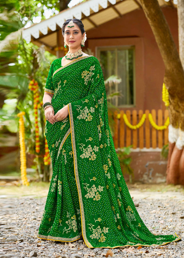 Laxmipati Upavan Bandhani Printed along with Foil Work Georgette Saree in Green Color with Unstitched Blouse