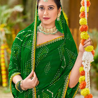 Laxmipati Upavan Bandhani Printed along with Foil Work Georgette Saree in Green Color with Unstitched Blouse