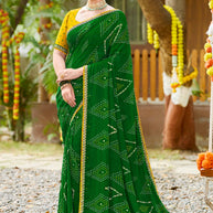 Laxmipati Upavan Bandhani Printed along with Foil Work Georgette Saree in Green Color with Unstitched Blouse