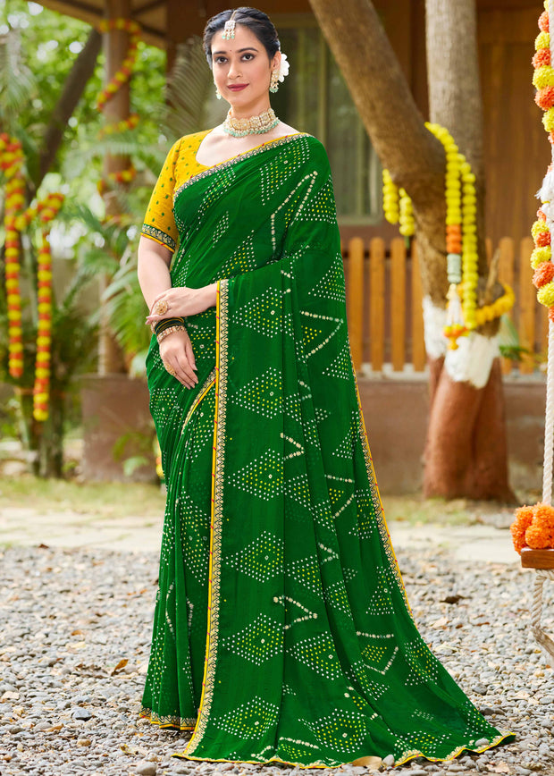 Laxmipati Upavan Bandhani Printed along with Foil Work Georgette Saree in Green Color with Unstitched Blouse