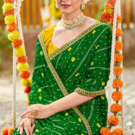 Laxmipati Upavan Bandhani Printed along with Foil Work Georgette Saree in Green Color with Unstitched Blouse