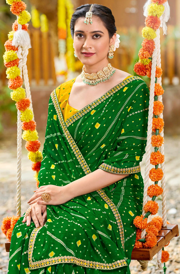 Laxmipati Upavan Bandhani Printed along with Foil Work Georgette Saree in Green Color with Unstitched Blouse