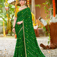 Laxmipati Upavan Bandhani Printed along with Foil Work Georgette Saree in Green Color with Unstitched Blouse
