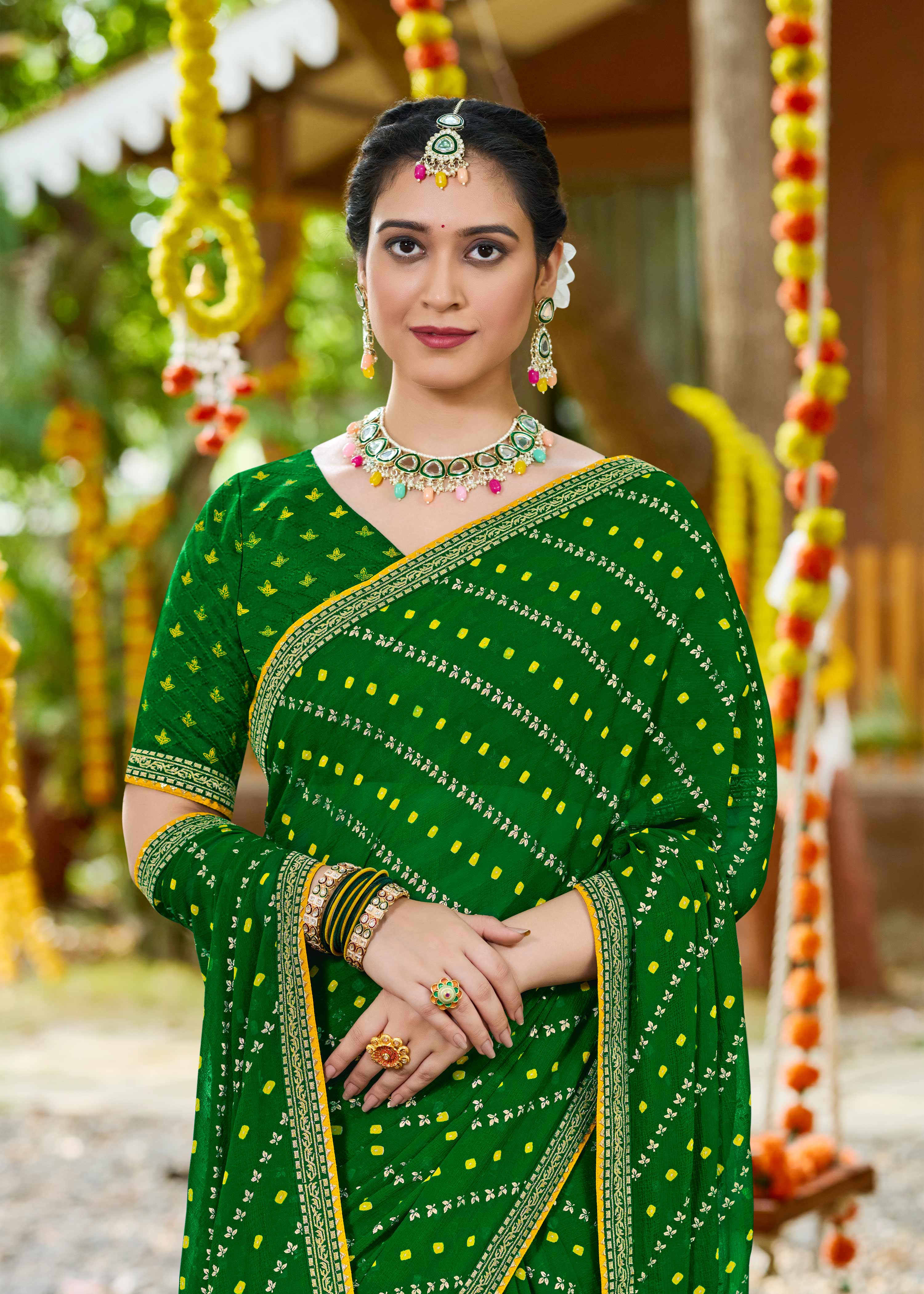 Laxmipati Upavan Floral Printed along with Foil Work Georgette Saree in Green Color with Unstitched Blouse