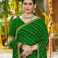 Laxmipati Upavan Floral Printed along with Foil Work Georgette Saree in Green Color with Unstitched Blouse