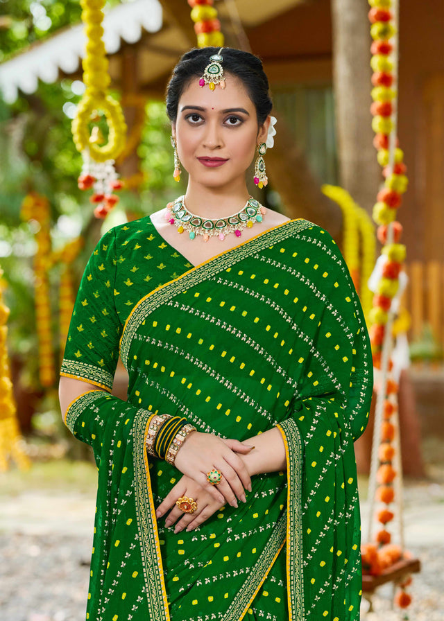 Laxmipati Upavan Floral Printed along with Foil Work Georgette Saree in Green Color with Unstitched Blouse