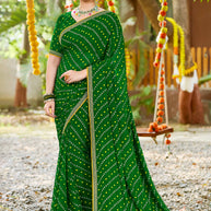 Laxmipati Upavan Floral Printed along with Foil Work Georgette Saree in Green Color with Unstitched Blouse