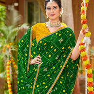 Laxmipati Upavan Ikkat Printed along with Foil Work Georgette Saree in Green Color with Unstitched Blouse