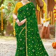 Laxmipati Upavan Ikkat Printed along with Foil Work Georgette Saree in Green Color with Unstitched Blouse