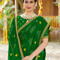Laxmipati Upavan Bandhani Printed along with Gota Patti Georgette Saree in Green Color with Unstitched Blouse