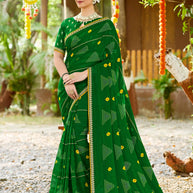 Laxmipati Upavan Bandhani Printed along with Gota Patti Georgette Saree in Green Color with Unstitched Blouse
