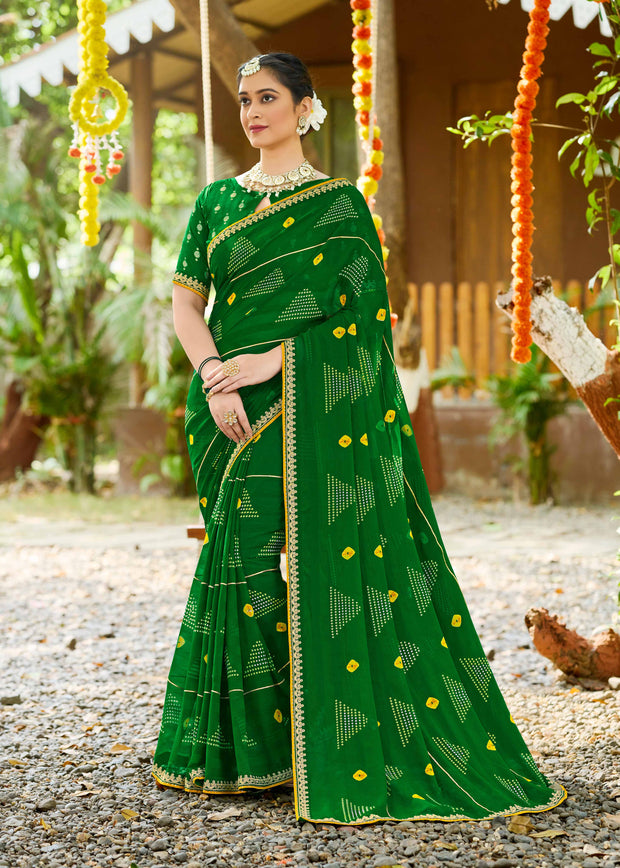 Laxmipati Upavan Bandhani Printed along with Gota Patti Georgette Saree in Green Color with Unstitched Blouse