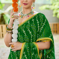 Laxmipati Upavan Floral Bandhani Printed Georgette Saree in Green Color with Unstitched Blouse