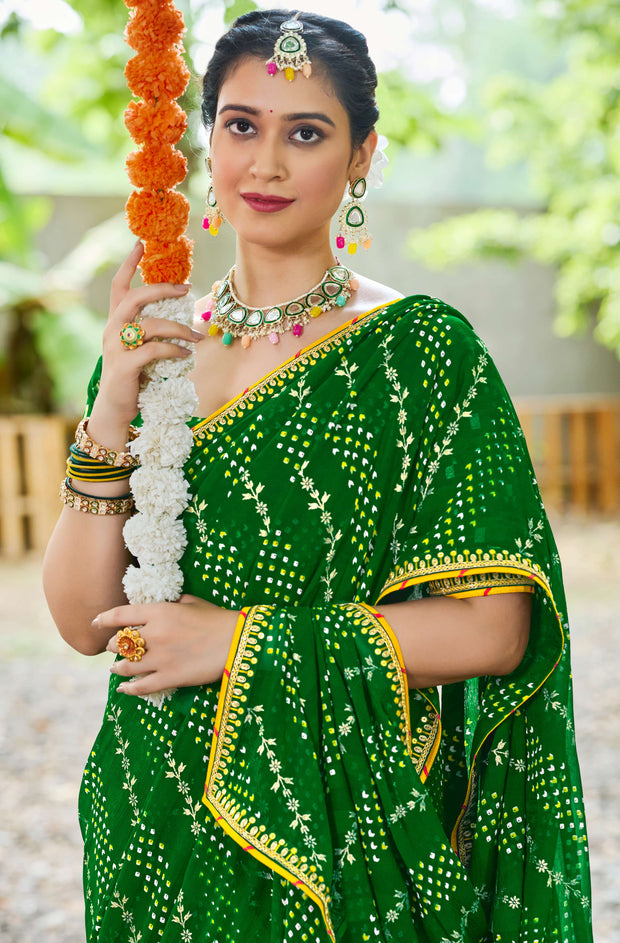 Laxmipati Upavan Floral Bandhani Printed Georgette Saree in Green Color with Unstitched Blouse