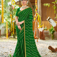 Laxmipati Upavan Floral Bandhani Printed Georgette Saree in Green Color with Unstitched Blouse