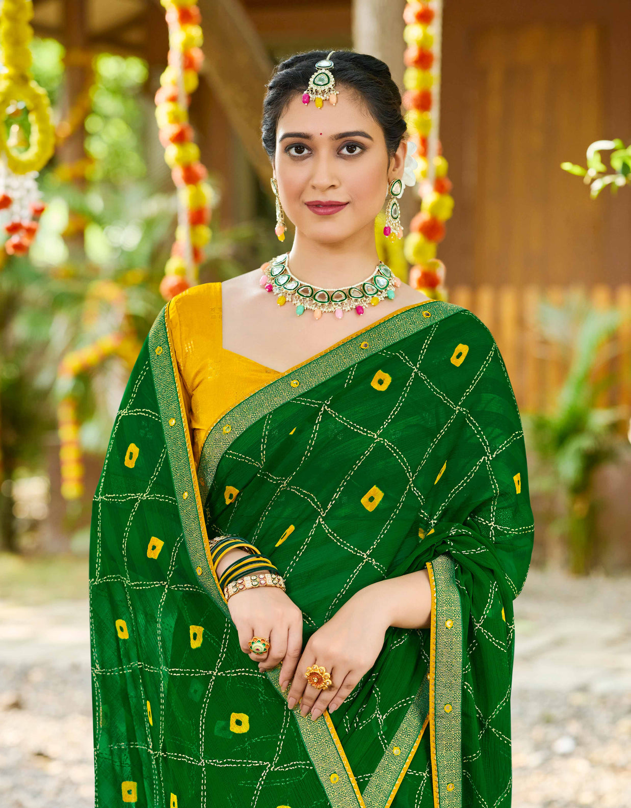 Laxmipati Upavan Geometric Printed along with Foil Work Georgette Saree in Green Color with Unstitched Blouse
