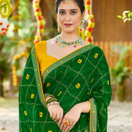 Laxmipati Upavan Geometric Printed along with Foil Work Georgette Saree in Green Color with Unstitched Blouse