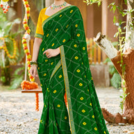 Laxmipati Upavan Geometric Printed along with Foil Work Georgette Saree in Green Color with Unstitched Blouse