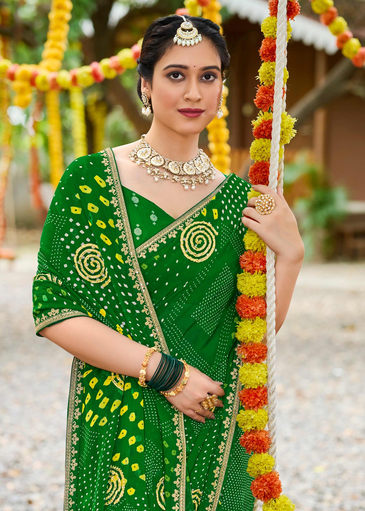 Laxmipati Upavan Geometric Printed along with Gota Patti Georgette Saree in Green Color with Unstitched Blouse