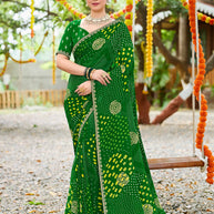 Laxmipati Upavan Geometric Printed along with Gota Patti Georgette Saree in Green Color with Unstitched Blouse