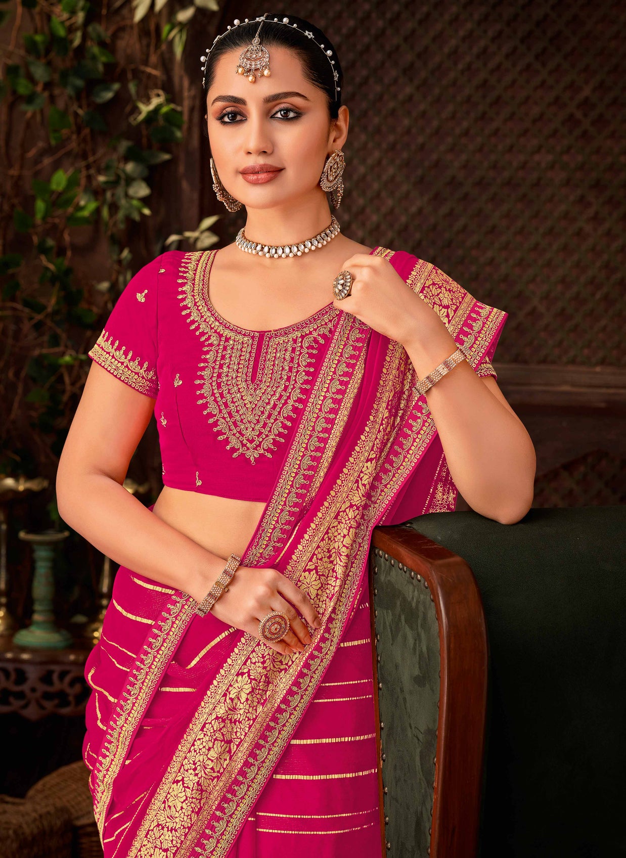 Laxmipati Firki Striped Printed & Zari Lace Border Georgette Saree in Dark Pink Color with Unstitched Blouse