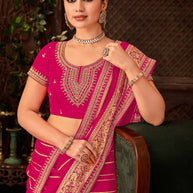 Laxmipati Firki Striped Printed & Zari Lace Border Georgette Saree in Dark Pink Color with Unstitched Blouse