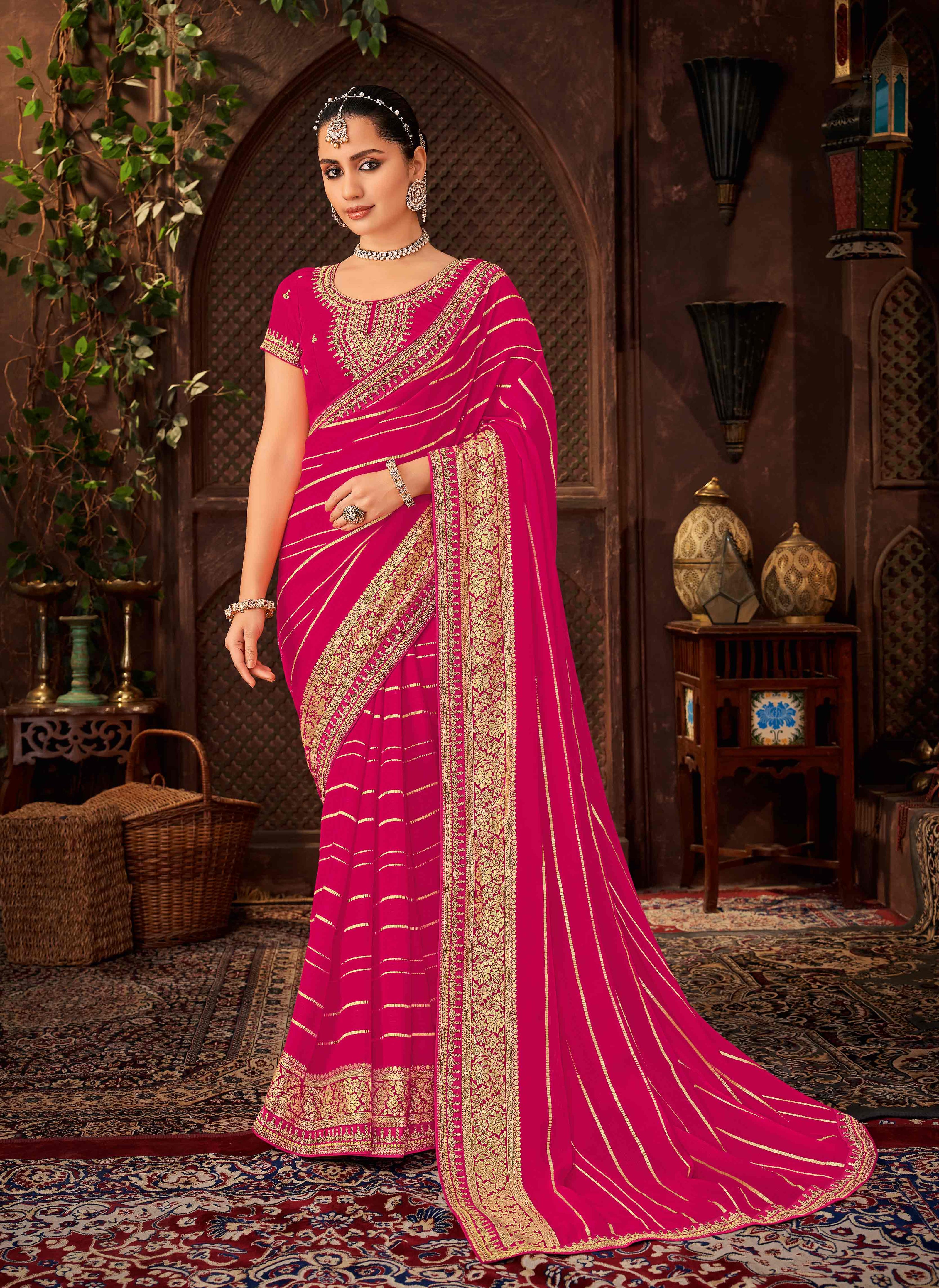 Laxmipati Firki Striped Printed & Zari Lace Border Georgette Saree in Dark Pink Color with Unstitched Blouse