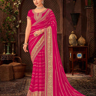 Laxmipati Firki Striped Printed & Zari Lace Border Georgette Saree in Dark Pink Color with Unstitched Blouse
