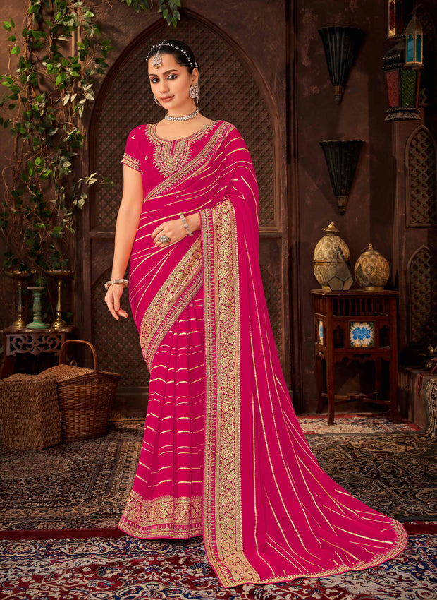 Laxmipati Firki Striped Printed & Zari Lace Border Georgette Saree in Dark Pink Color with Unstitched Blouse