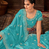 Laxmipati Firki Floral Embroidered Tissue Saree in Turquoise Blue Color with Unstitched Blouse