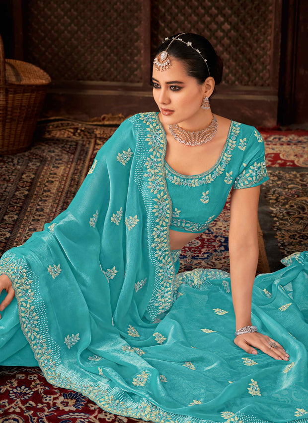 Laxmipati Firki Floral Embroidered Tissue Saree in Turquoise Blue Color with Unstitched Blouse