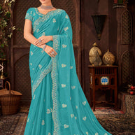 Laxmipati Firki Floral Embroidered Tissue Saree in Turquoise Blue Color with Unstitched Blouse
