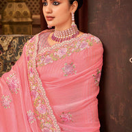 Laxmipati Firki Floral Embroidered Chiffon Saree in Pink Color with Unstitched Blouse