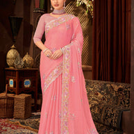 Laxmipati Firki Floral Embroidered Chiffon Saree in Pink Color with Unstitched Blouse