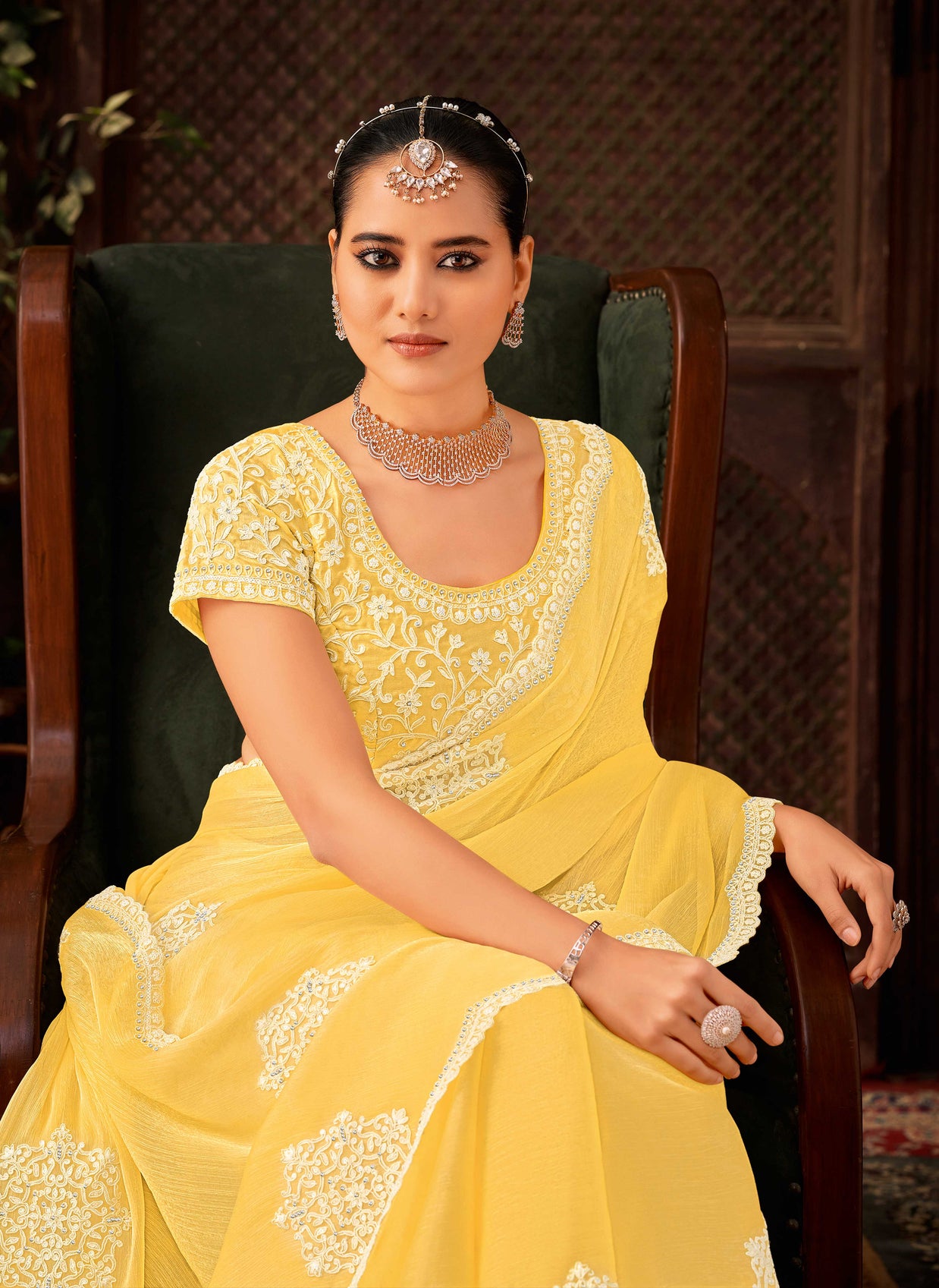 Laxmipati Firki Floral Embroidered Chiffon Saree in Yellow Color with Unstitched Blouse