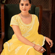 Laxmipati Firki Floral Embroidered Chiffon Saree in Yellow Color with Unstitched Blouse