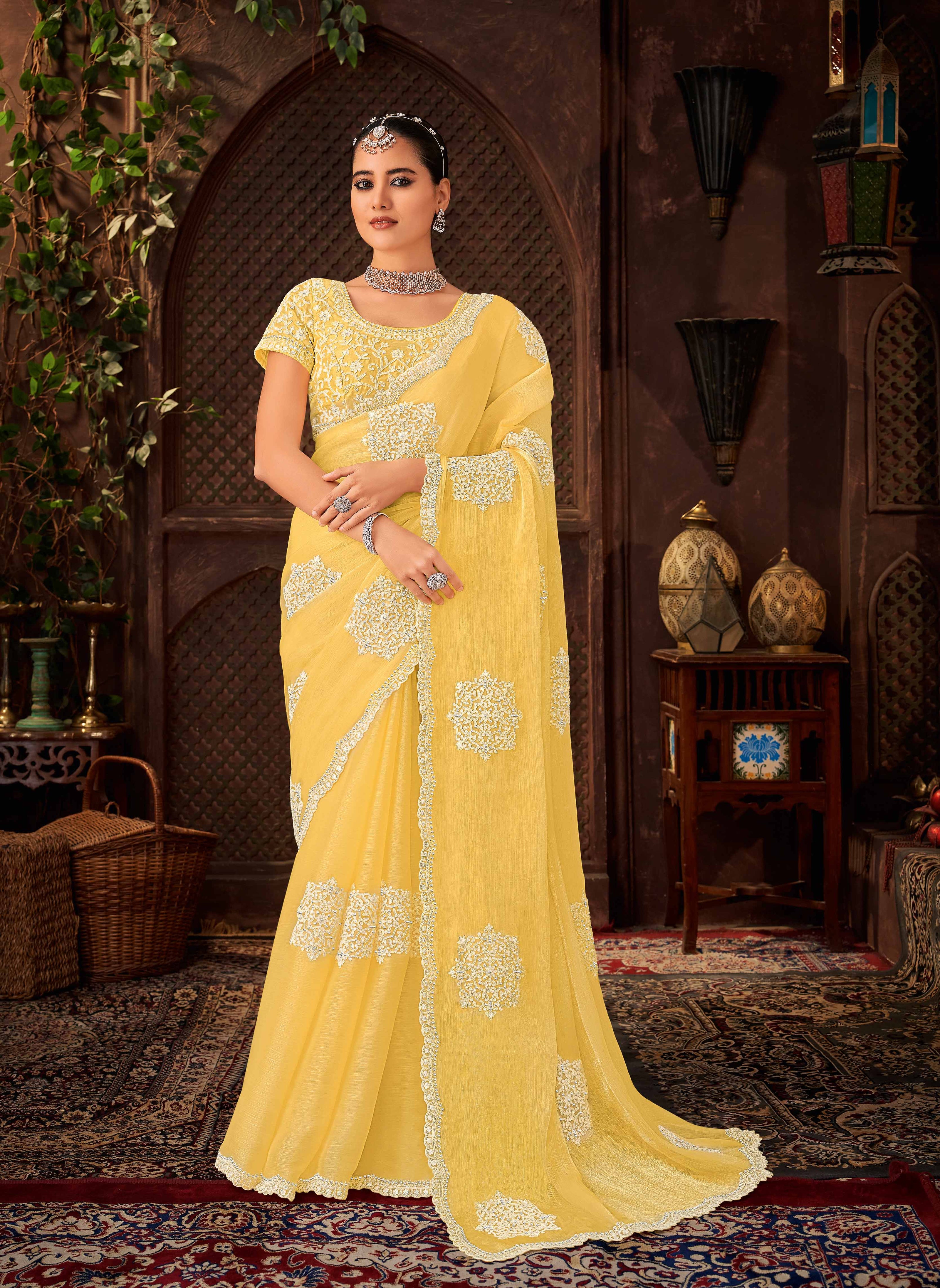 Laxmipati Firki Floral Embroidered Chiffon Saree in Yellow Color with Unstitched Blouse