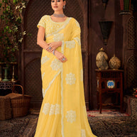 Laxmipati Firki Floral Embroidered Chiffon Saree in Yellow Color with Unstitched Blouse