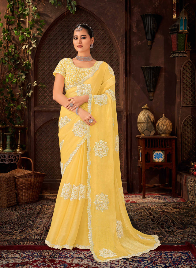 Laxmipati Firki Floral Embroidered Chiffon Saree in Yellow Color with Unstitched Blouse