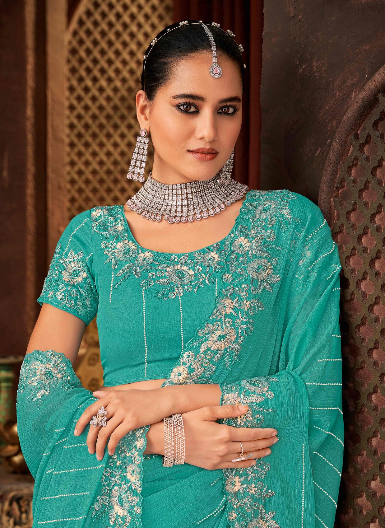 Laxmipati Firki Floral Embroidered Border Chiffon Saree in Teal Blue with Unstitched Blouse
