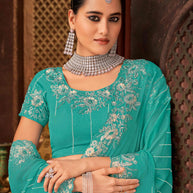 Laxmipati Firki Floral Embroidered Border Chiffon Saree in Teal Blue with Unstitched Blouse
