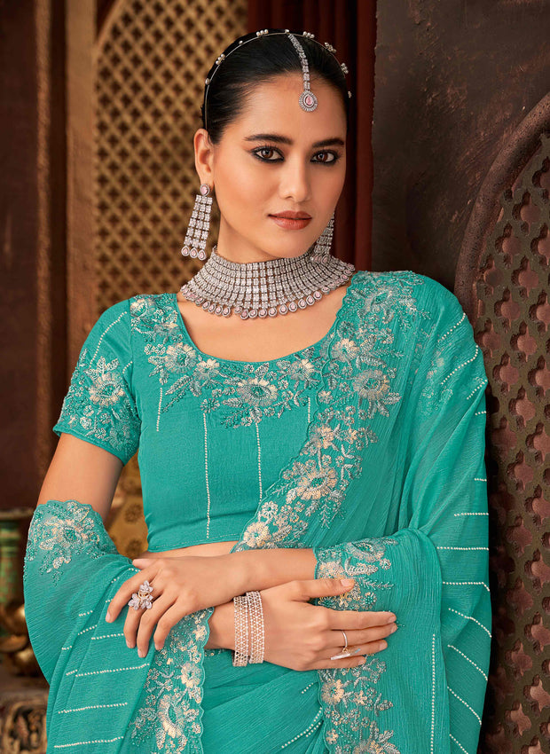 Laxmipati Firki Floral Embroidered Border Chiffon Saree in Teal Blue with Unstitched Blouse