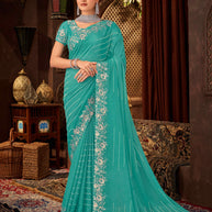 Laxmipati Firki Floral Embroidered Border Chiffon Saree in Teal Blue with Unstitched Blouse