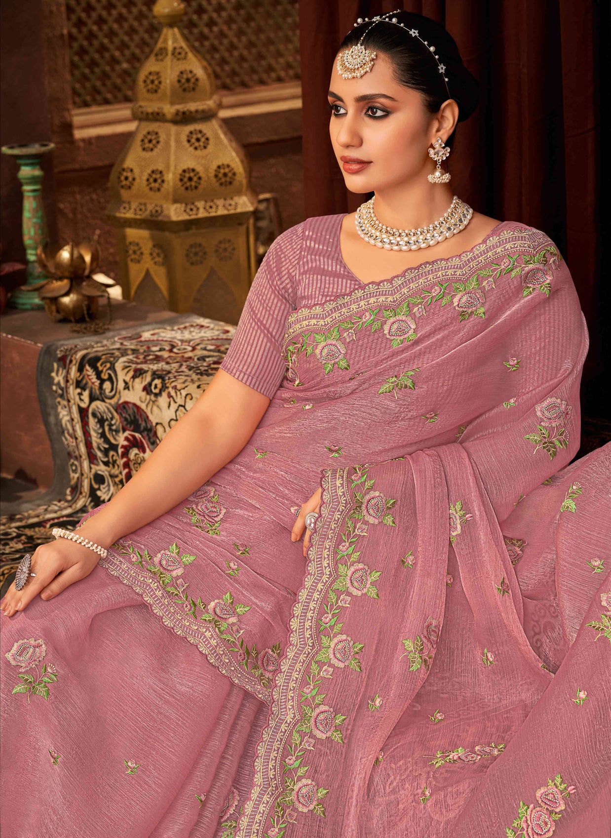 Laxmipati Firki Floral Embroidered Chiffon Saree in Mauve Color with Unstitched Blouse