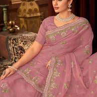 Laxmipati Firki Floral Embroidered Chiffon Saree in Mauve Color with Unstitched Blouse