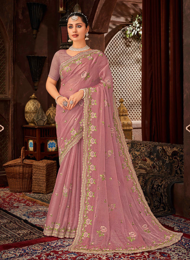 Laxmipati Firki Floral Embroidered Chiffon Saree in Mauve Color with Unstitched Blouse