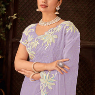 Laxmipati Firki  Floral Embroidered Chiffon Saree in Lavender Color with Unstitched Blouse