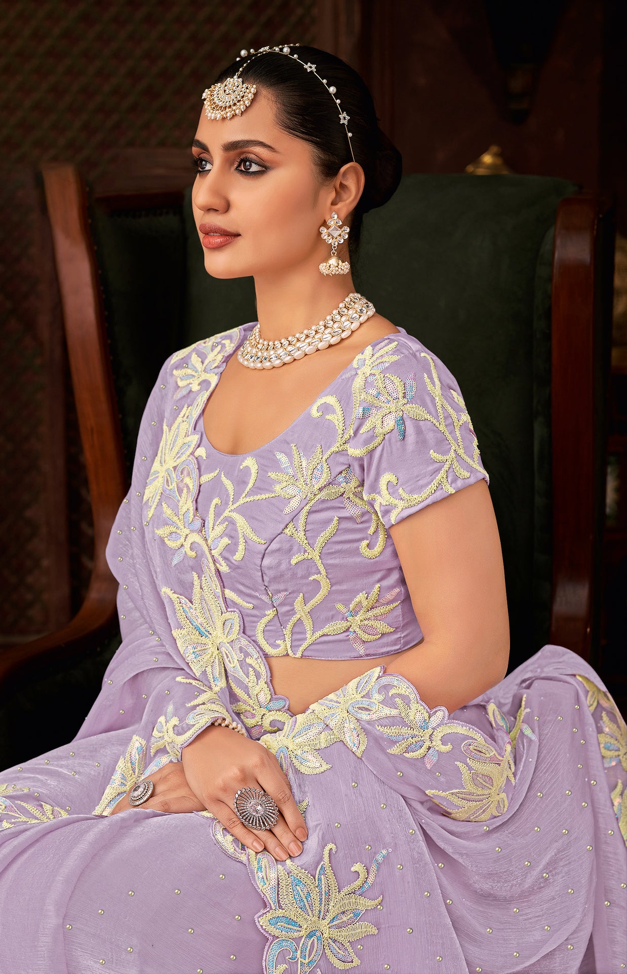 Laxmipati Firki  Floral Embroidered Chiffon Saree in Lavender Color with Unstitched Blouse